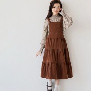 Girls Corduroy Elegant Dress Teen A Line Long Sleeve